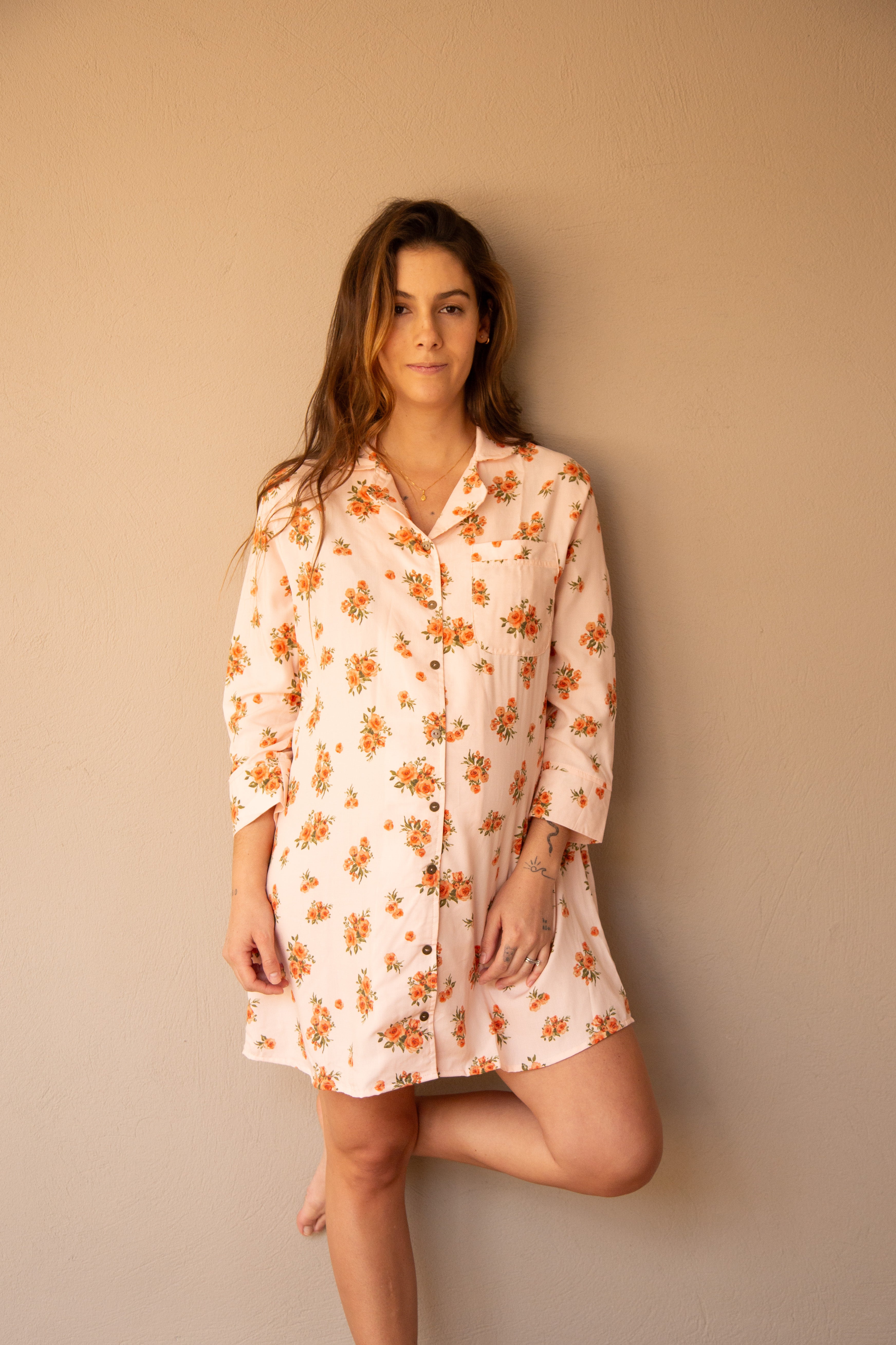 Pijama Ninfa Naranja Flores | Pijama de maternidad
