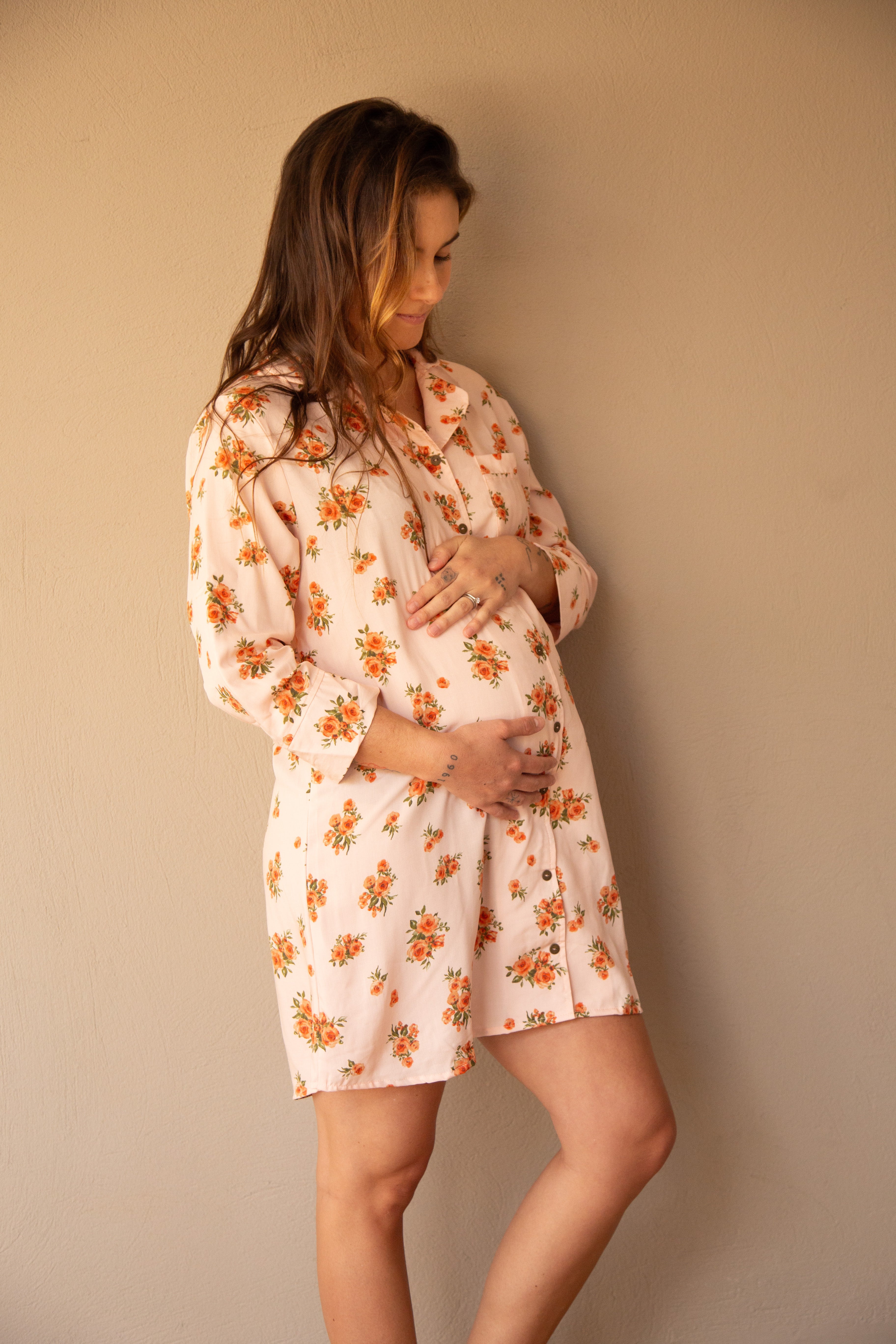 Pijama Ninfa Naranja Flores | Pijama de maternidad