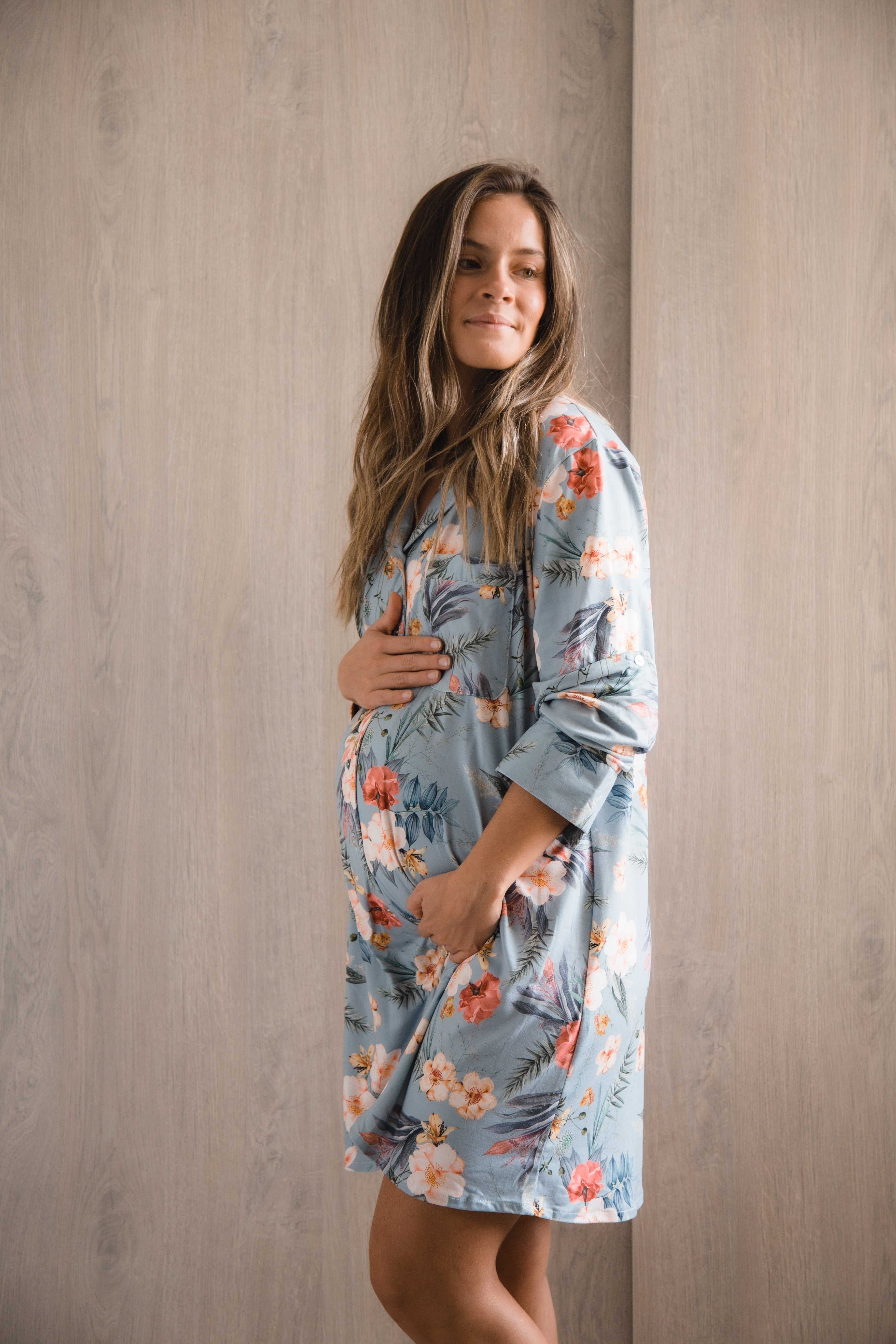 Pijama Ninfa Azul Flores Rosadas | Ropa de maternidad