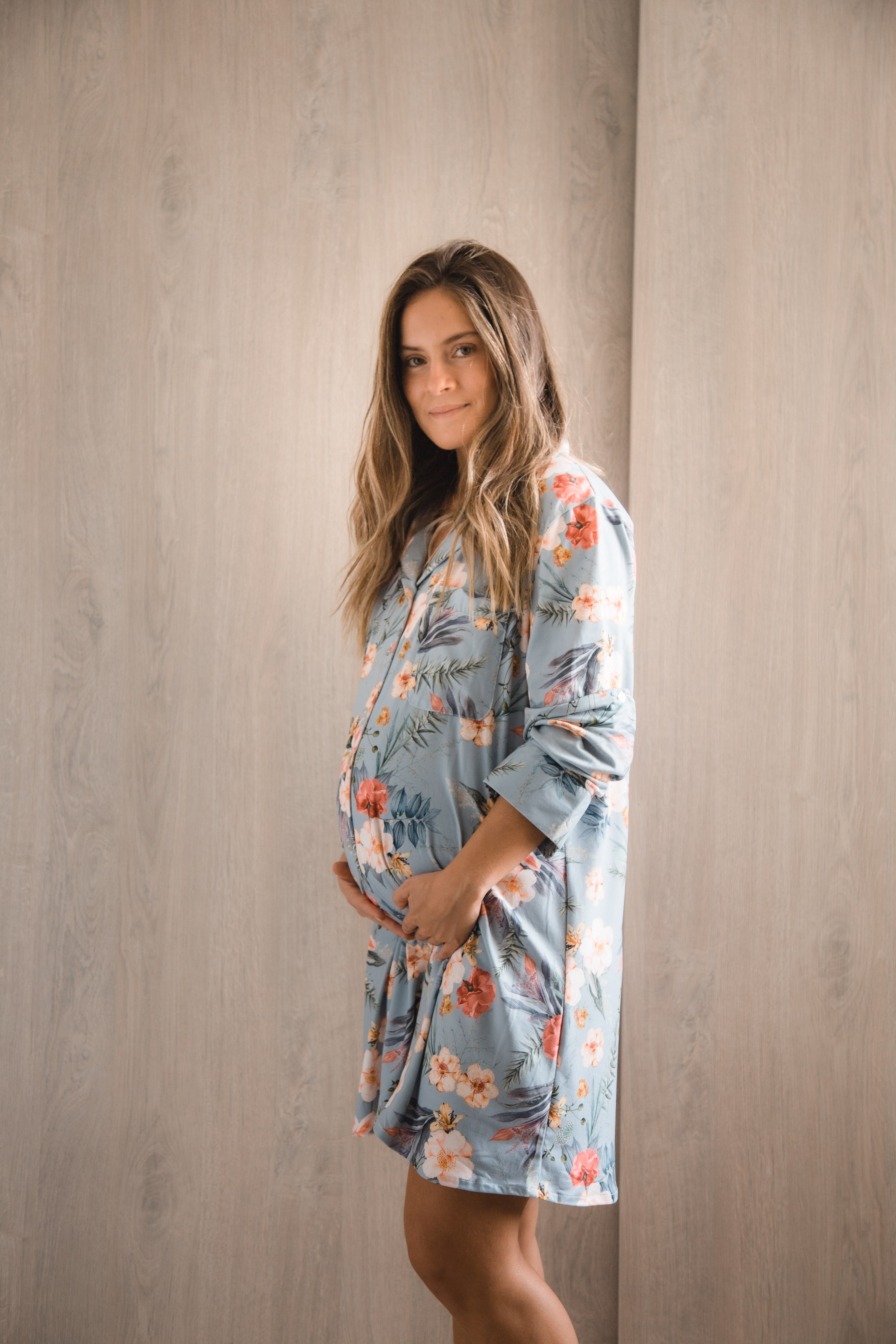 Pijama Ninfa Azul Flores Rosadas | Ropa de maternidad