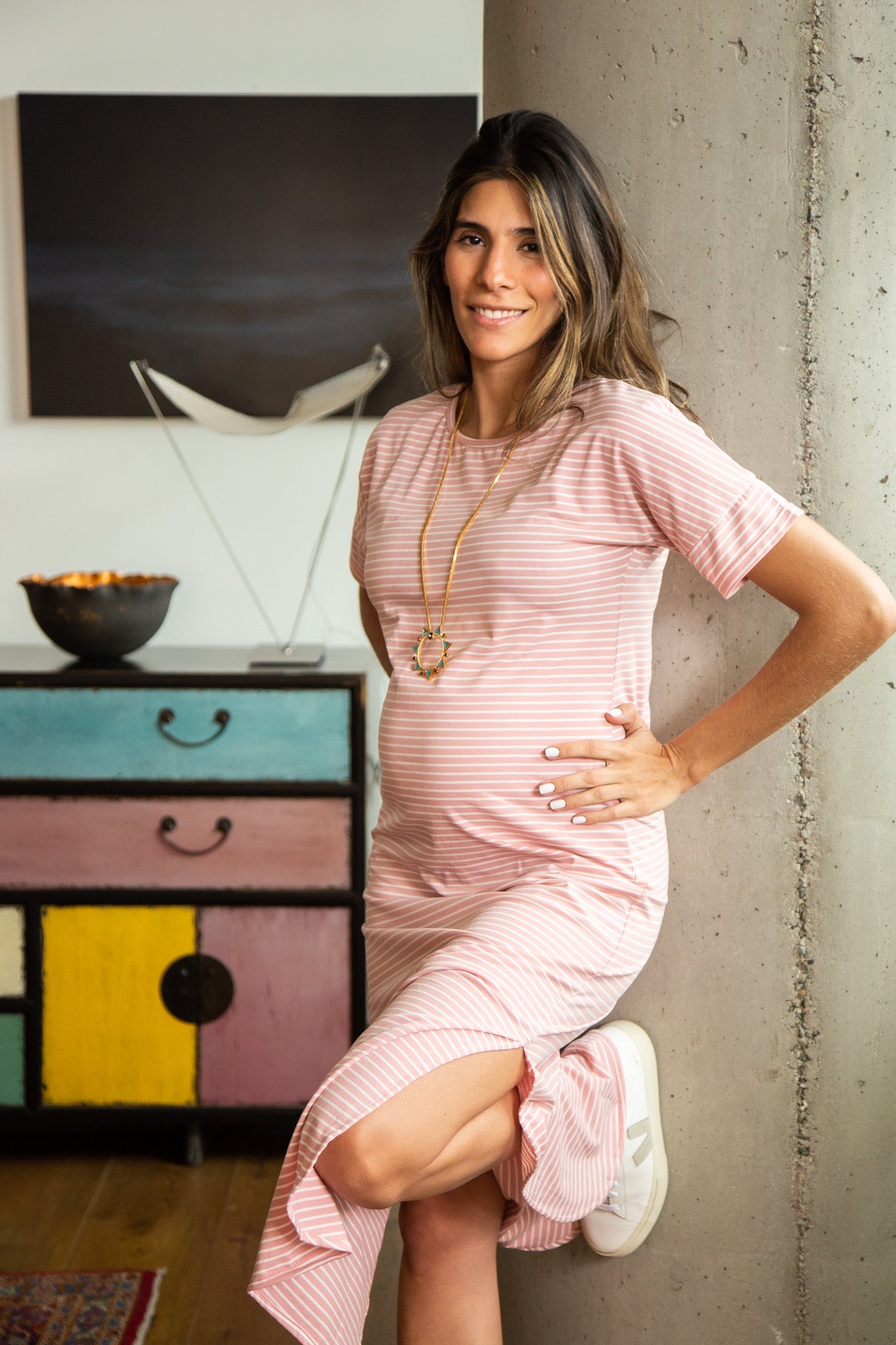 Vestido Lucy Rayas Rosa Pastel | Vestidos de maternidad